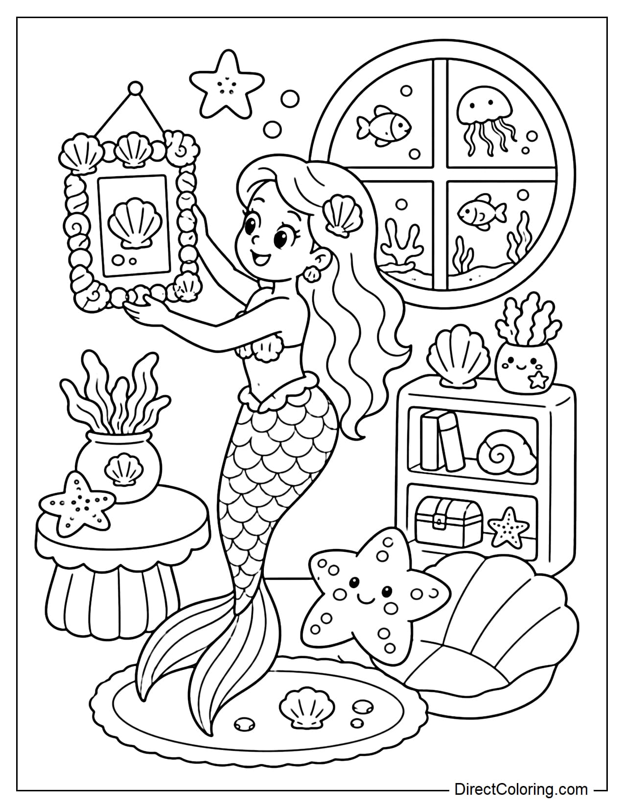 A mermaid is decorating her underwater room with a seashell picture frame, a starfish-shaped pillow, and a small table.