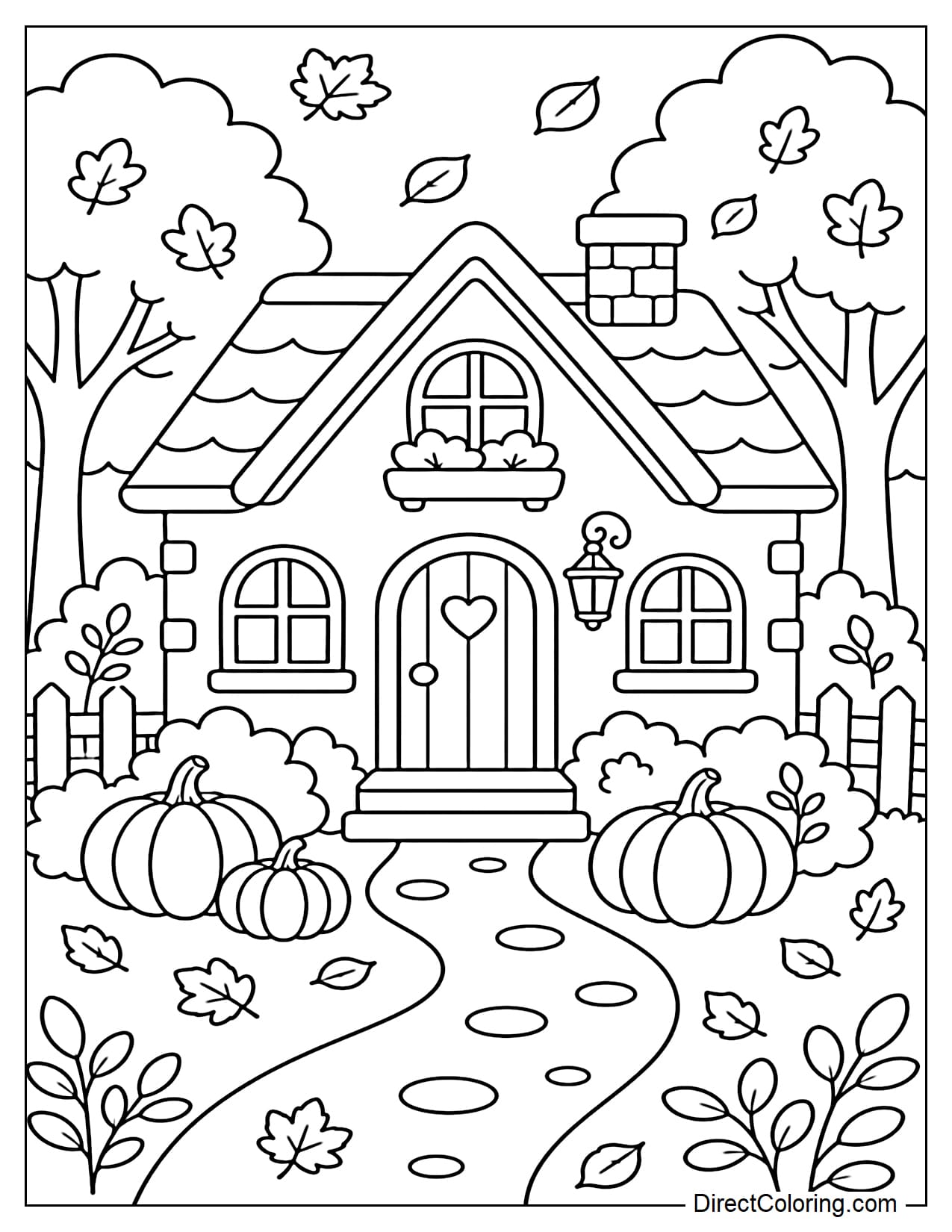 A warm little cottage nestled in an October autumn forest, with pumpkins in front of the house, simple bushes, falling golden leaves, and a small pathway leading to the entrance.