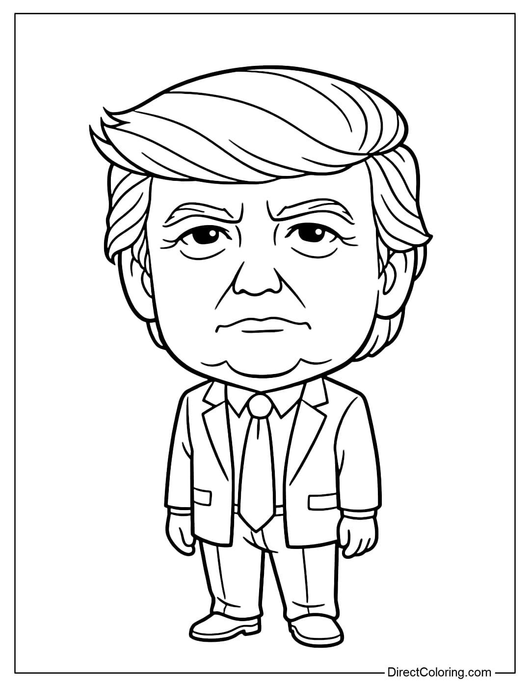 A cartoon-style Donald Trump coloring page with a big head and small body, fun and playful.