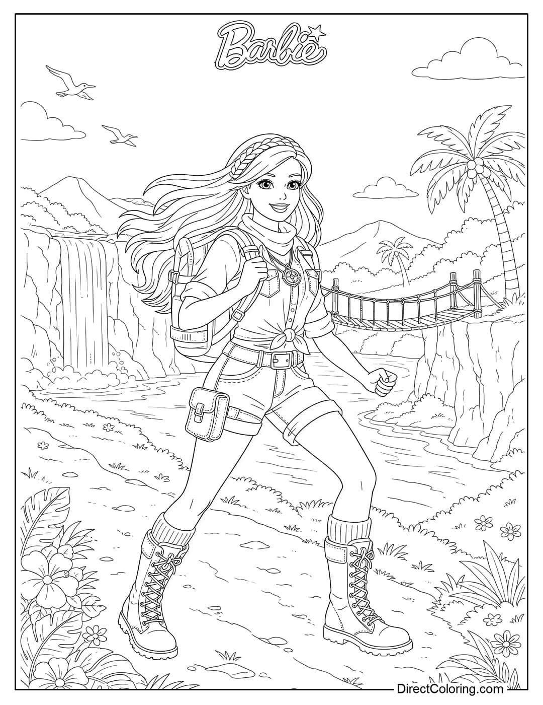 A coloring page of Barbie on a heroic adventure.