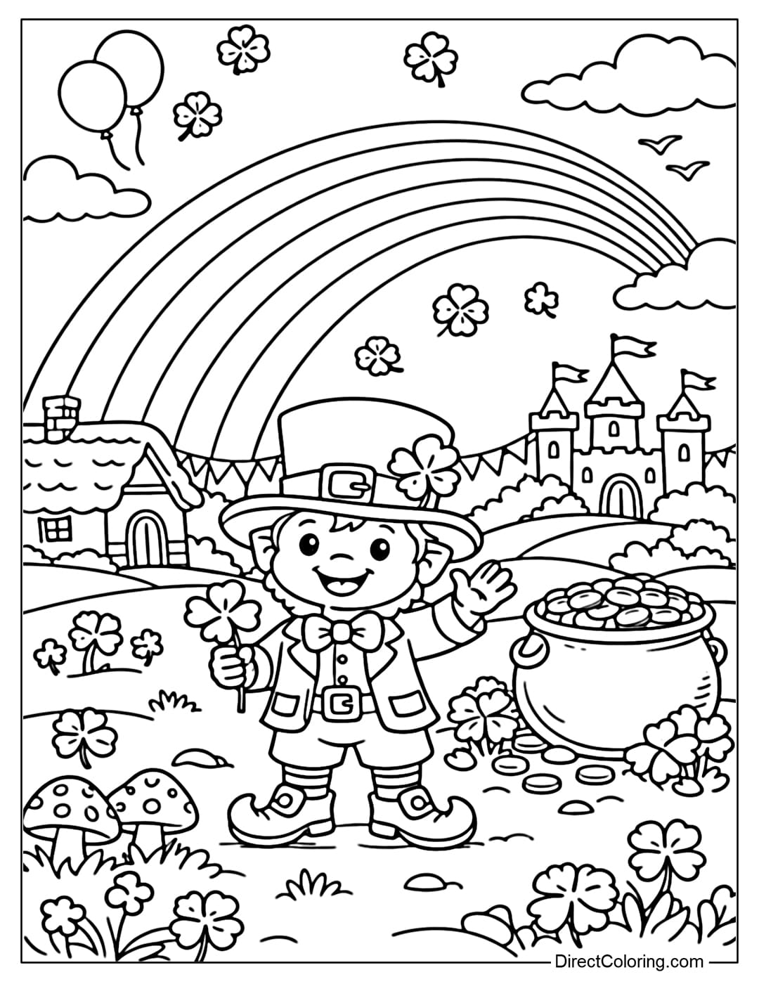 A coloring page of a small Leprechaun standing under a large rainbow, with a pot of gold at the end of the rainbow in the distance.