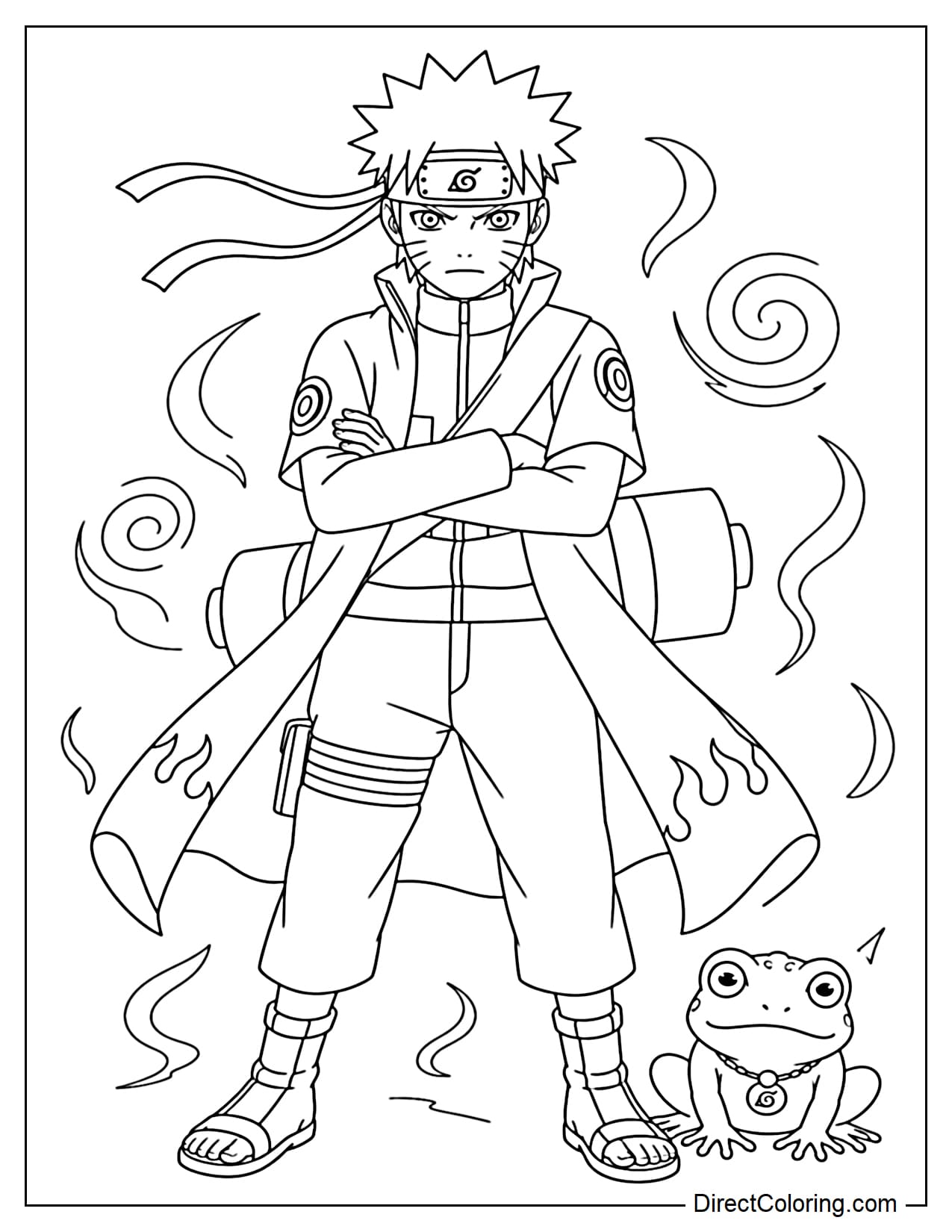 Naruto in Sage Mode is standing steadily, a small toad beside him, surrounded by energy.