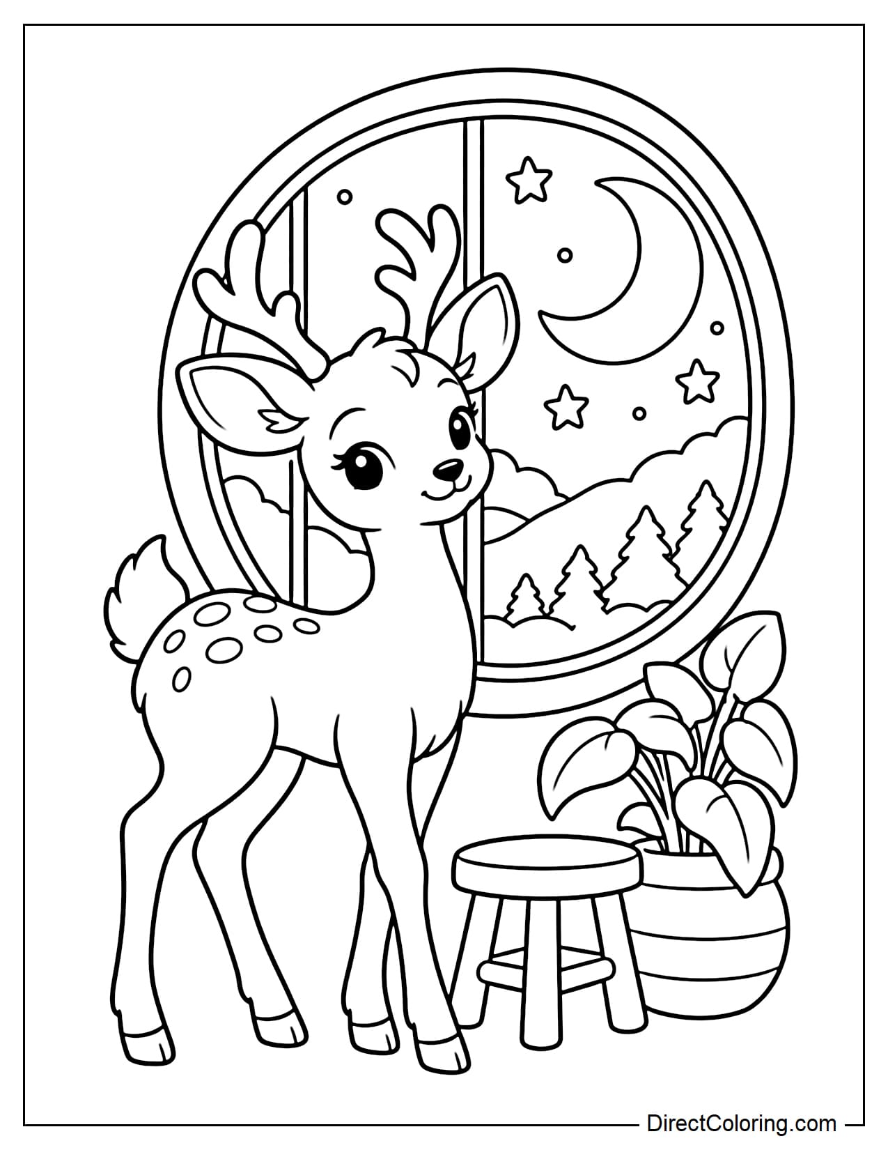 A cute deer standing beside a large round window, with the moon and a few large stars visible outside and a low stool and potted plant beside the deer.