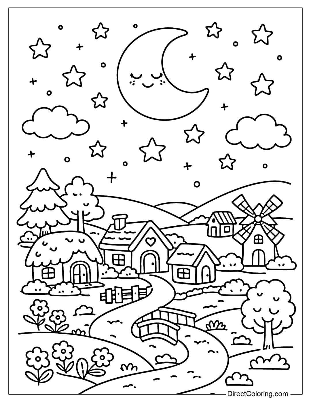 Coloring page of a peaceful village under a starry night sky with a few small houses, trees, and the moon.