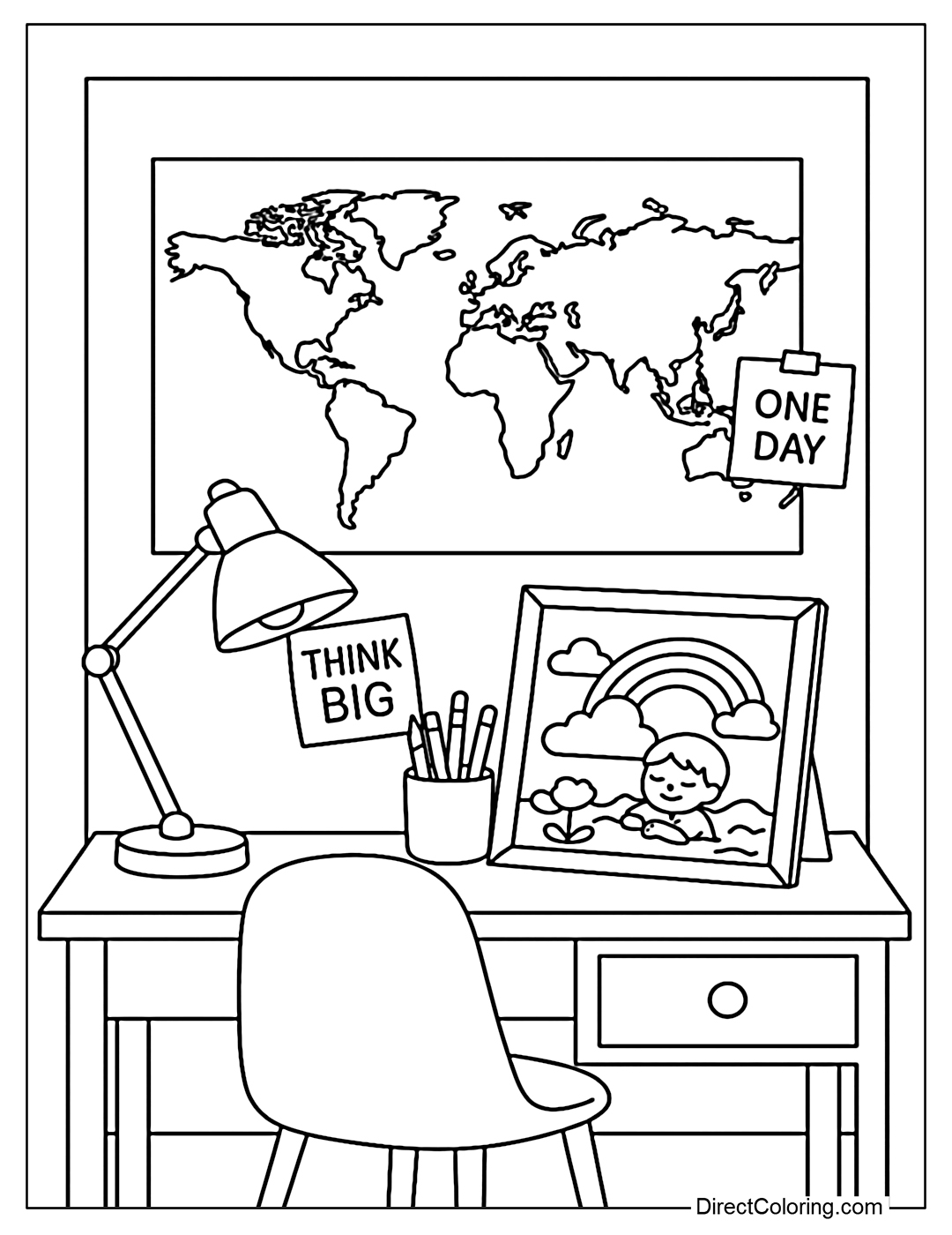 Desk coloring page with map, lamp, dream drawing. Stick 