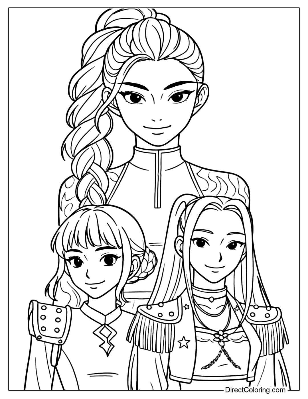 Kpop Demon Hunters Rumi, Zoey, Mira coloring page with outstanding warrior-style costumes.