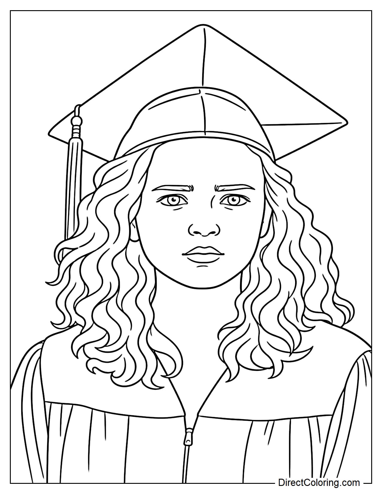 Max Mayfield wears a graduation cap and gown with a serious, thoughtful expression, capturing a memorable older look of the Stranger Things character.