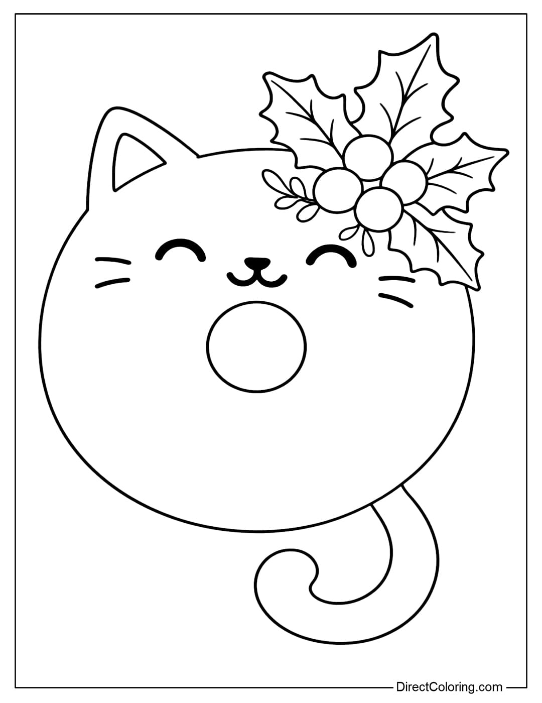 A cute donut cat coloring page decorated with holly leaves and berries.