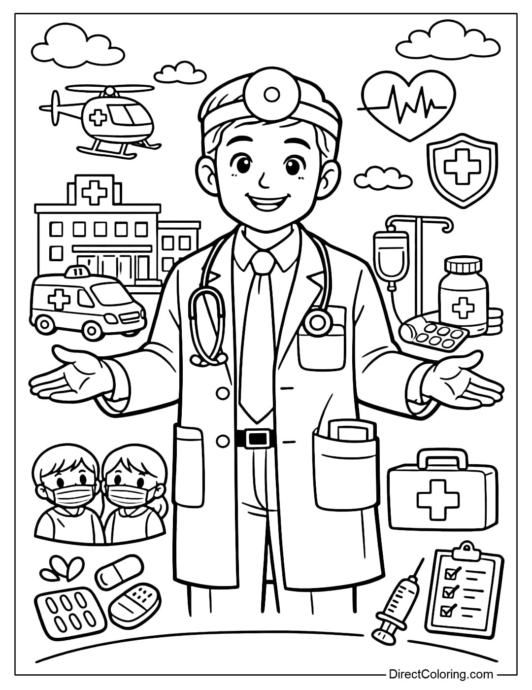 A coloring page of a doctor standing in the center, with both hands slightly open, a friendly expression, and a community education style.