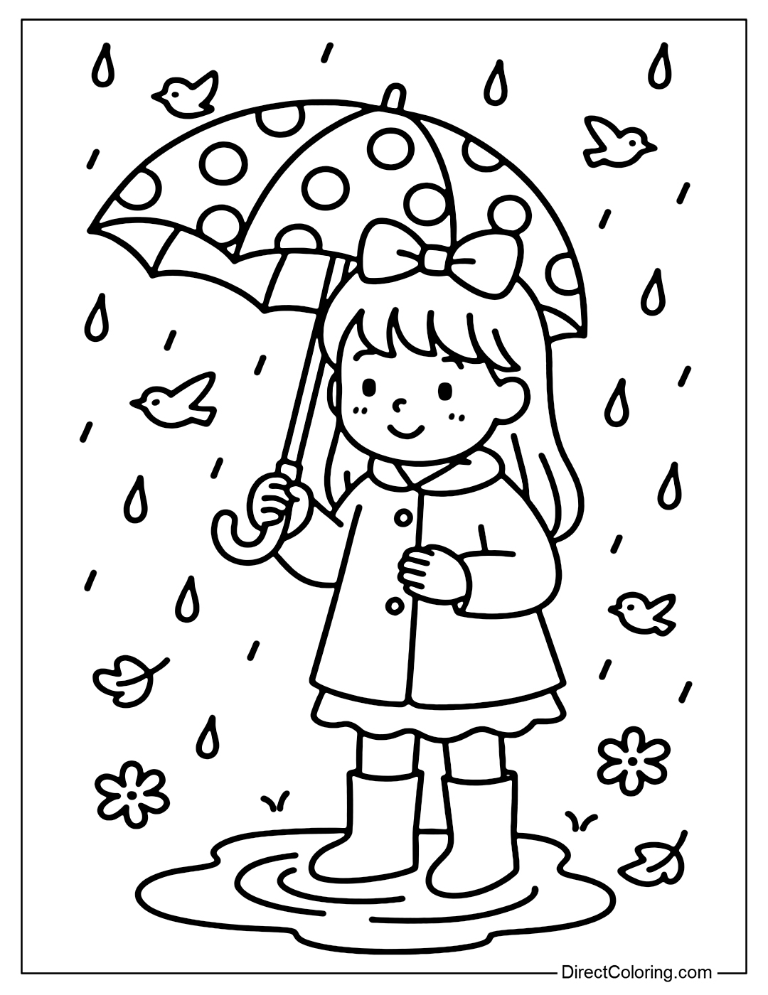 A coloring page of a little girl wearing a dress and a raincoat, holding a large polka dot umbrella, surrounded by light rain and a few little birds.
