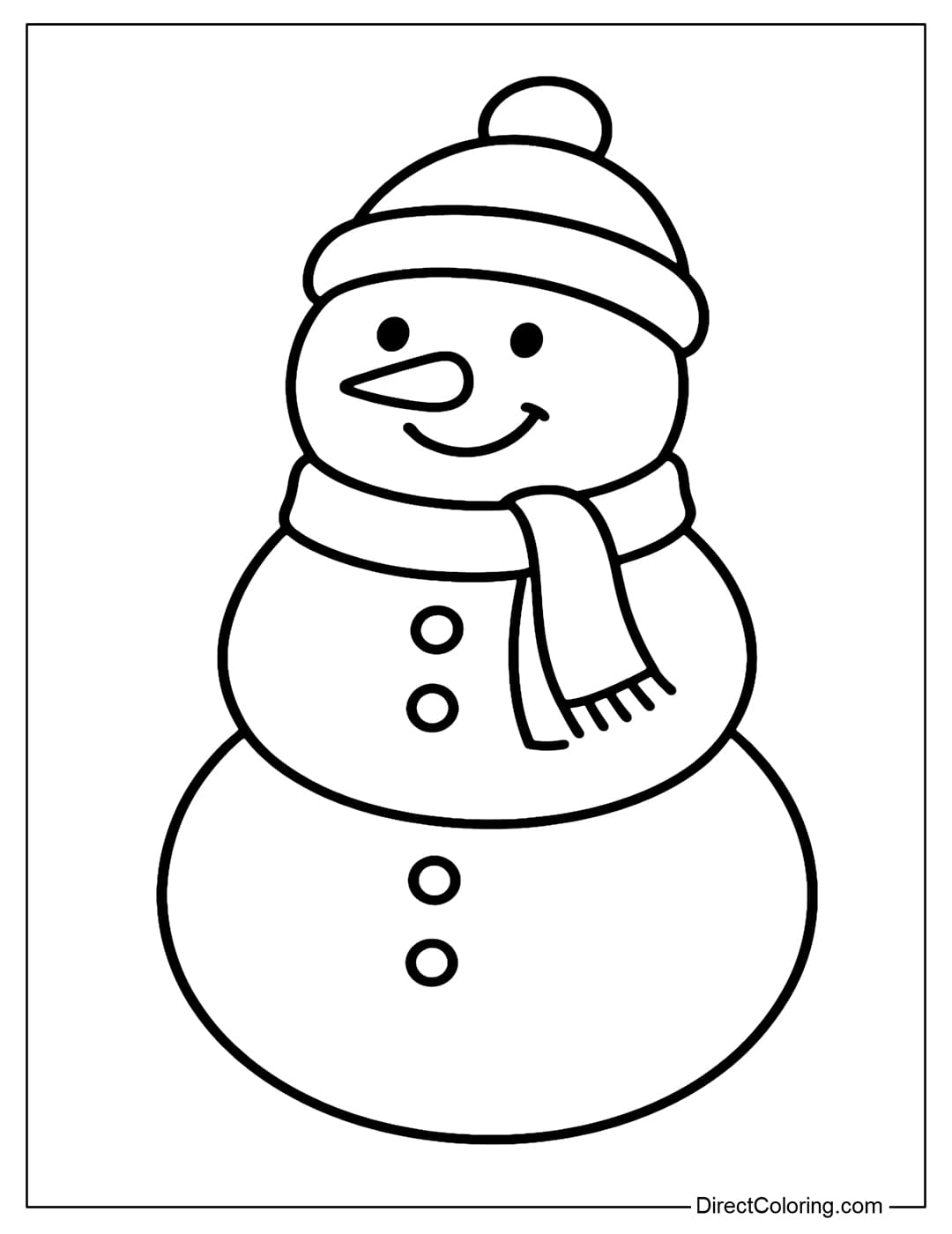 A simple snowman coloring page with three balanced circles, a small woolen hat and a light scarf.