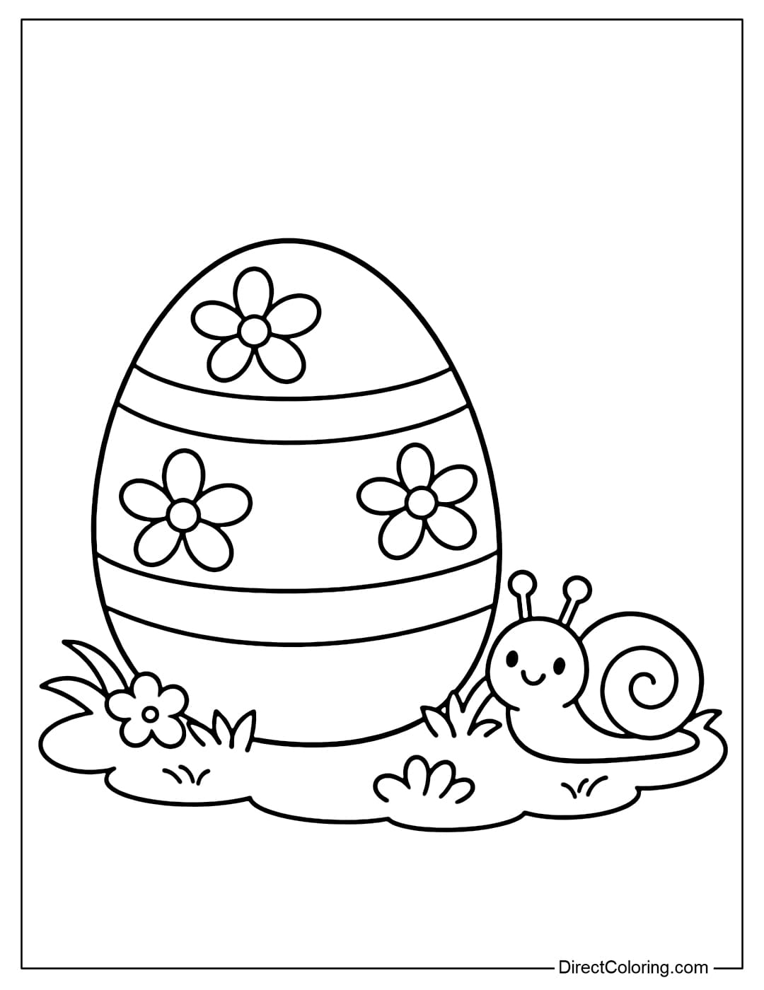 Coloring page of an Easter egg placed on the grass, next to a small snail.
