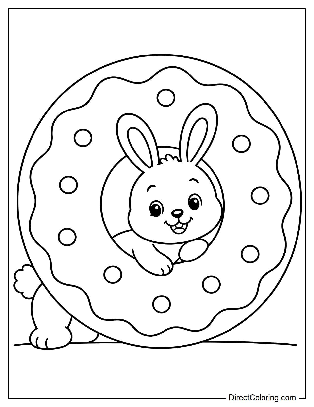 A large donut stands upright while an adorable rabbit leans against one side and peeks halfway through the round hole in the center.