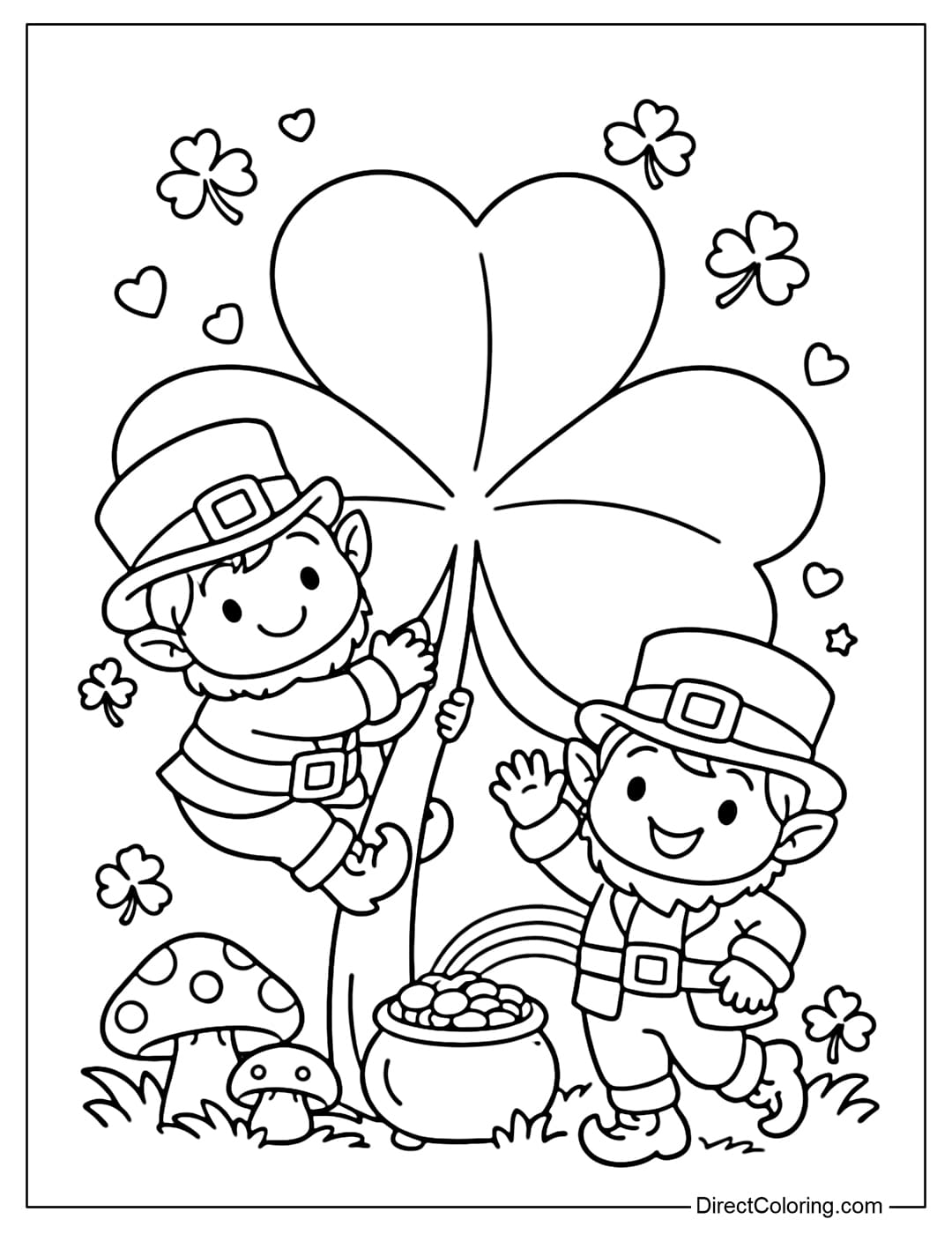 A coloring page featuring a giant shamrock, a leprechaun hugging a shamrock, and a leprechaun waving happily.