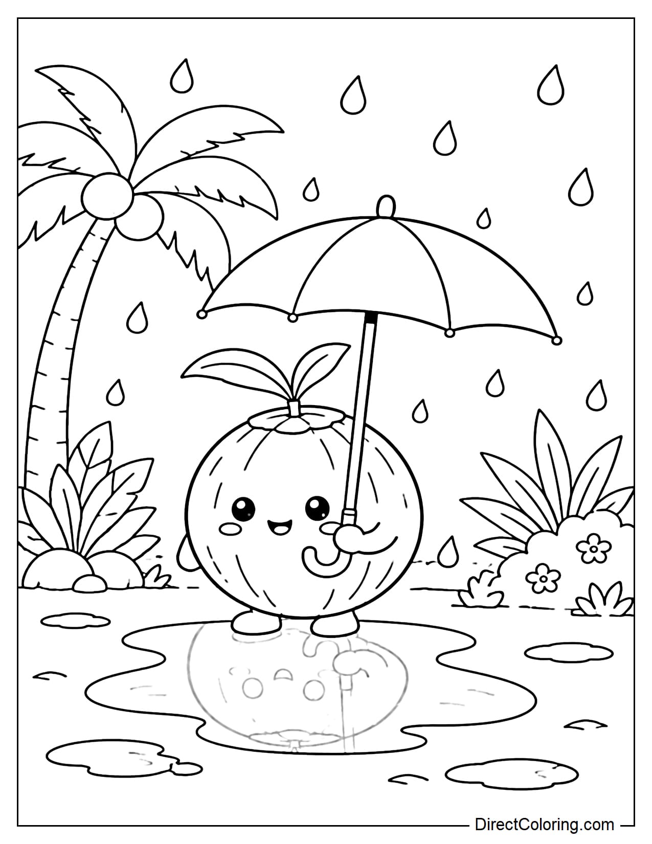A coconut holding a small umbrella stands in the light rain, with a small puddle reflecting the water and a few raindrops falling.