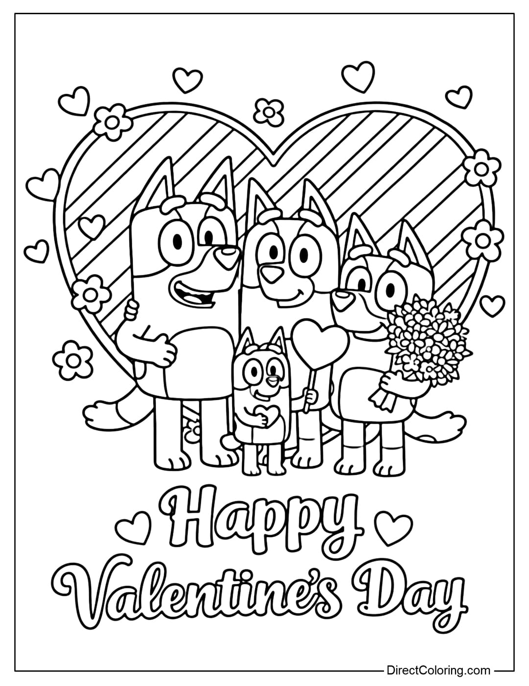 This coloring page features the Bluey family standing side-by-side inside a large heart-shaped frame, with the words 