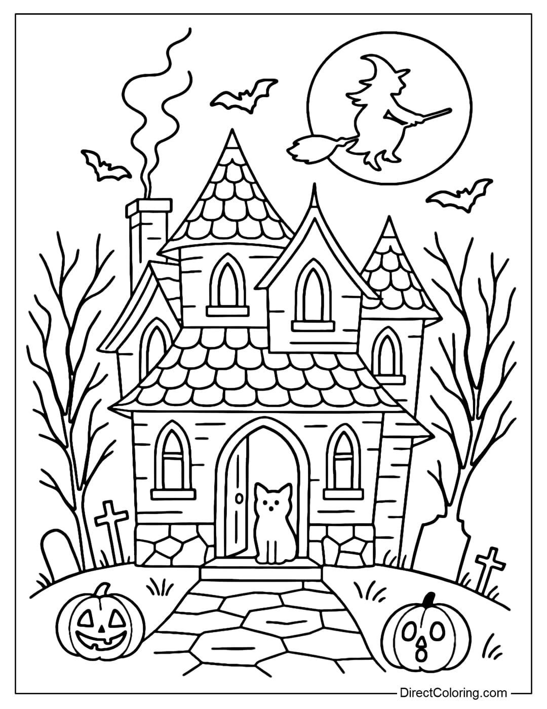 A haunted house coloring page with a witch flying by on a broomstick, and a black cat sitting on the doorstep below.