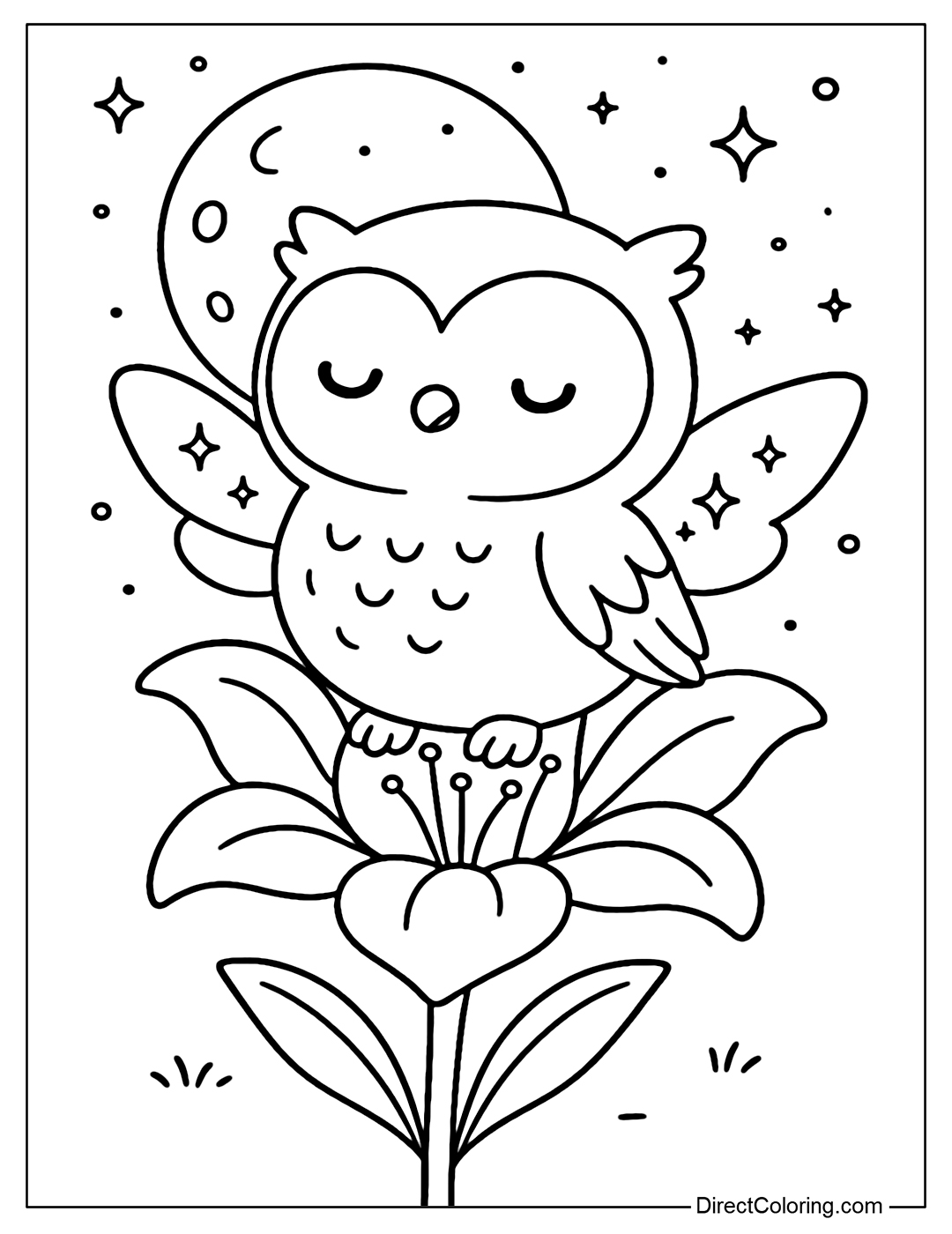 A little owl coloring page with fairy wings, perched on a hyacinth, with a magical full moon behind it.