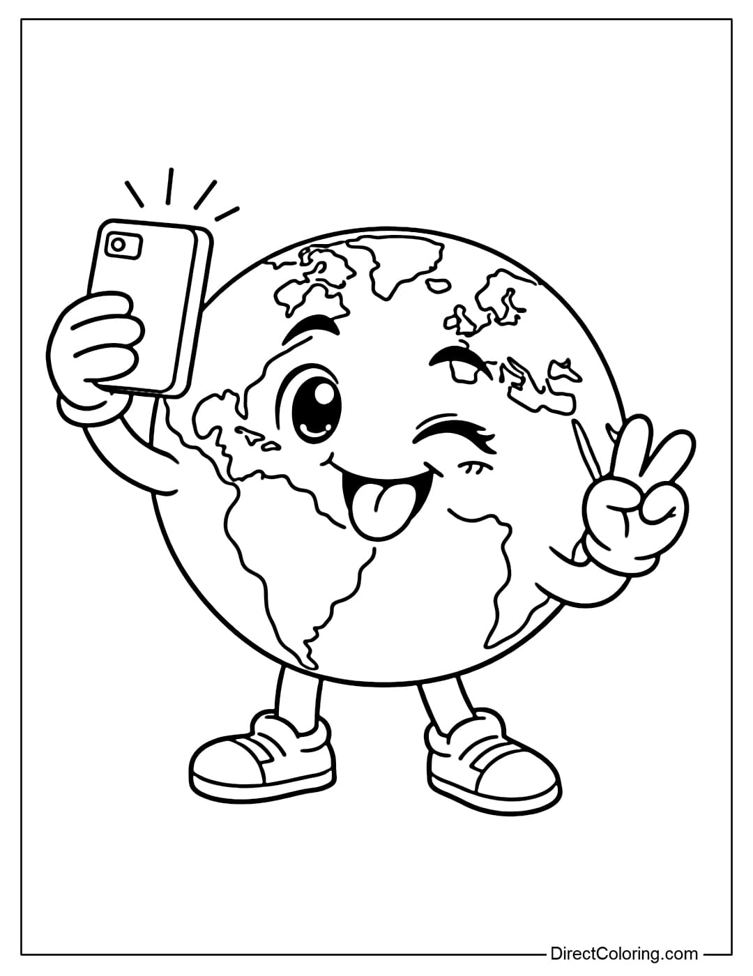 A coloring page of a cartoon Earth holding a phone and taking a selfie with an adorable expression.