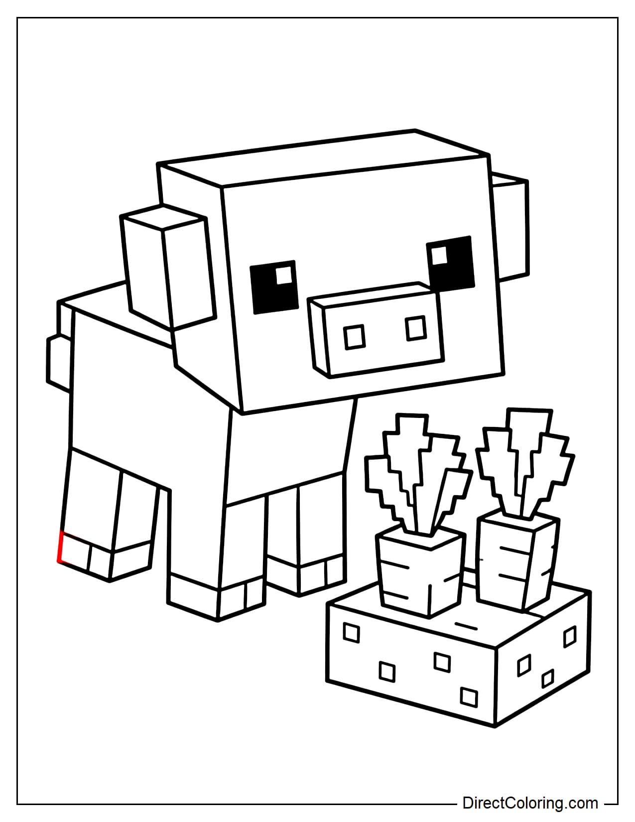 A Minecraft pig stands beside a simple square carrot patch.