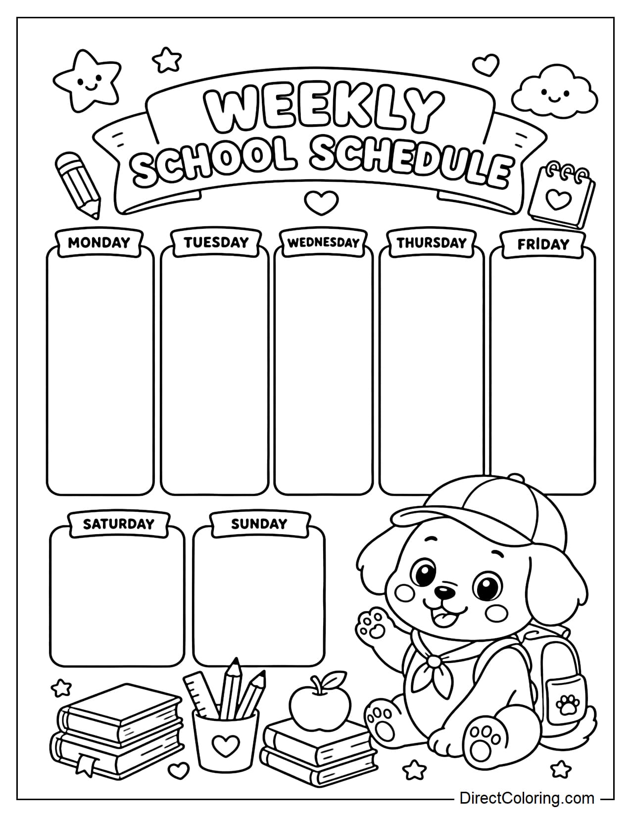 A weekly school schedule featuring a cute puppy wearing a school hat sitting next to large calendar boxes for children to write down their favorite subjects.