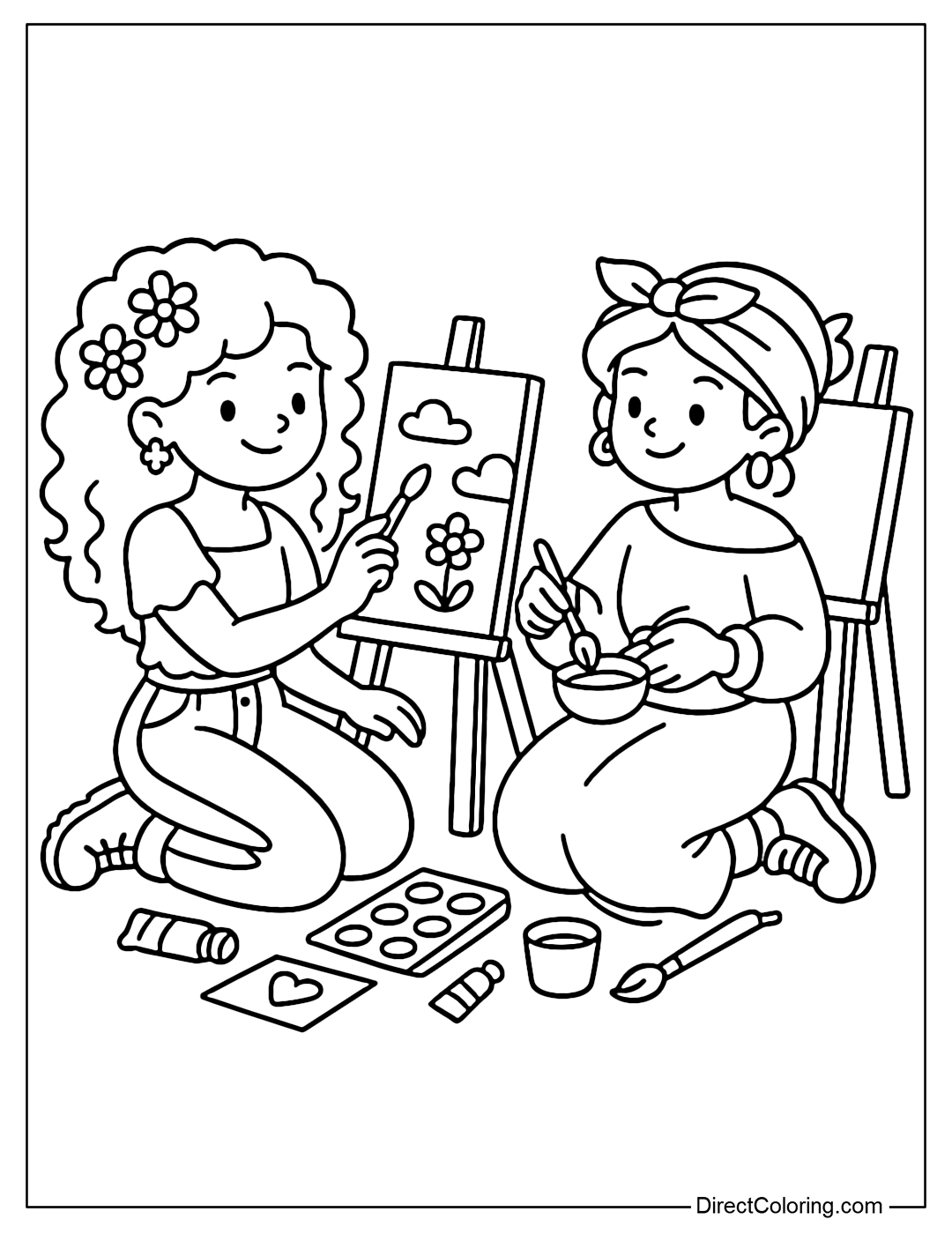 A coloring page of two girls painting together on an easel, one person coloring, the other mixing watercolors.