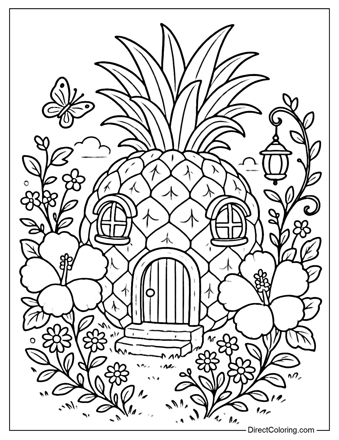 A cute pineapple house coloring page with a distinctive yellow, embossed shell and green leaves spreading out on top. The house has two round windows with a curved roof and a wooden main door with a rounded center, a cute knob and small stone steps.