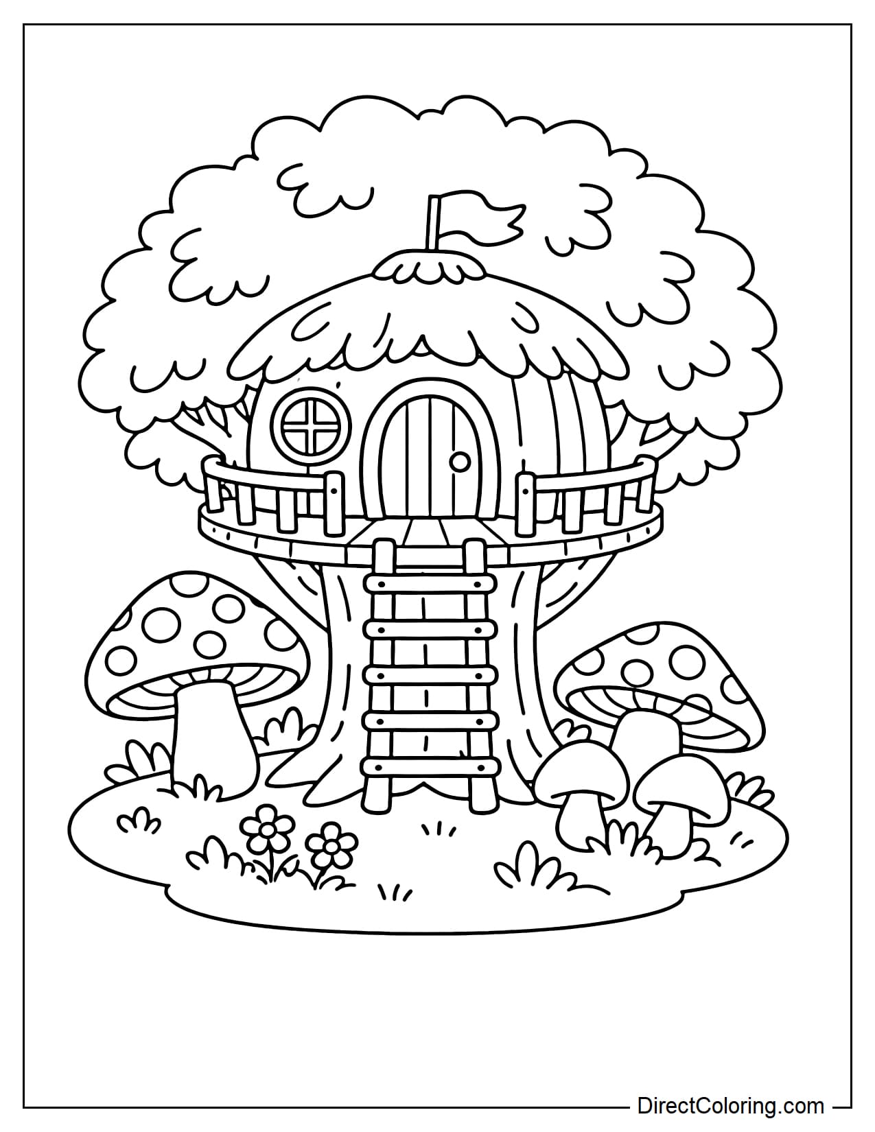 A treehouse with grass and several large, round, cute mushrooms underneath.