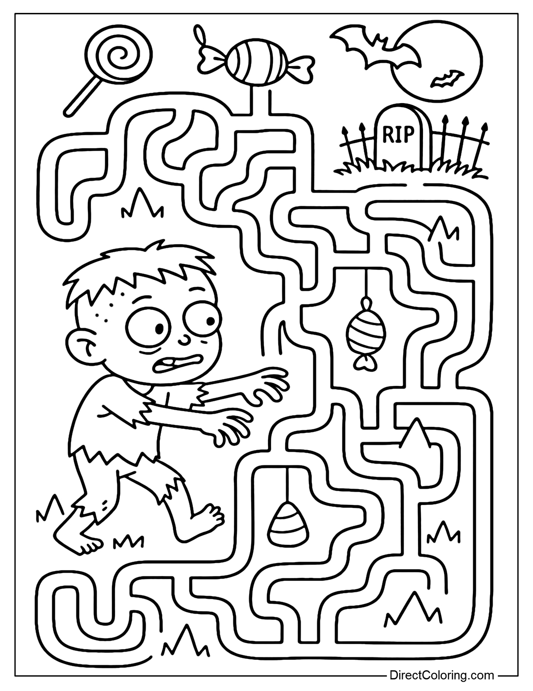 Coloring page of a maze with a little zombie trying to find his way to a safe cemetery, with traps and hanging candy.
