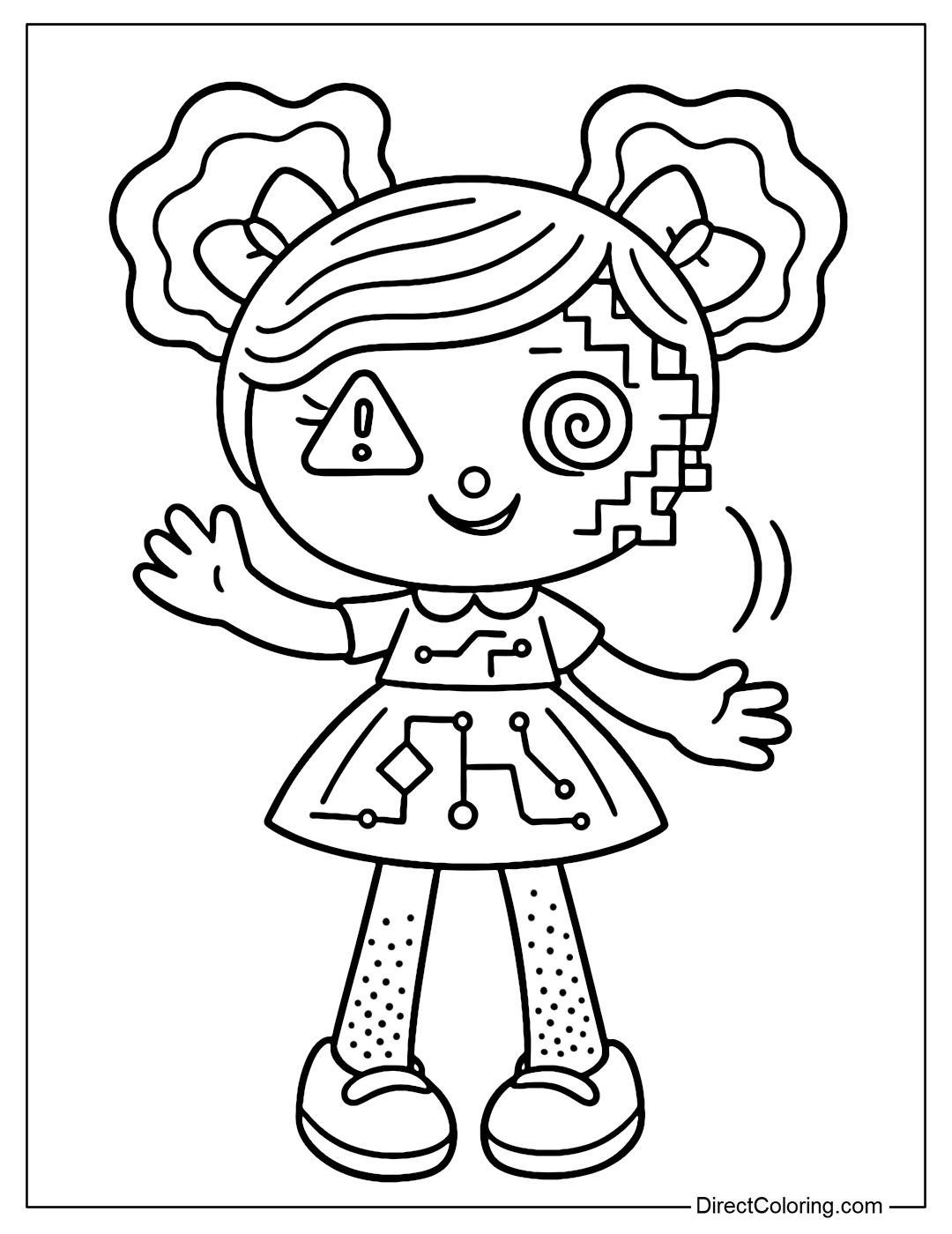 A digitally corrupted Glitchy doll coloring page, half of her face is broken into square pixel blocks. The left eye is a bug mark, the right eye is spiral. The hair is a technical noise wave, the skirt has an electric circuit pattern.