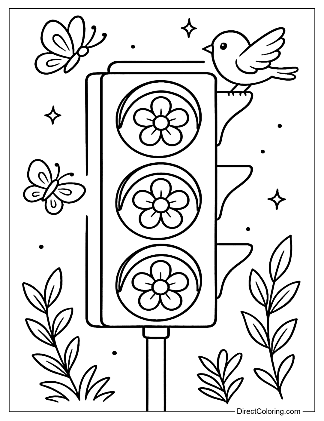 Traffic light coloring page with flowers blooming on each light, surrounded by butterflies and small birds.