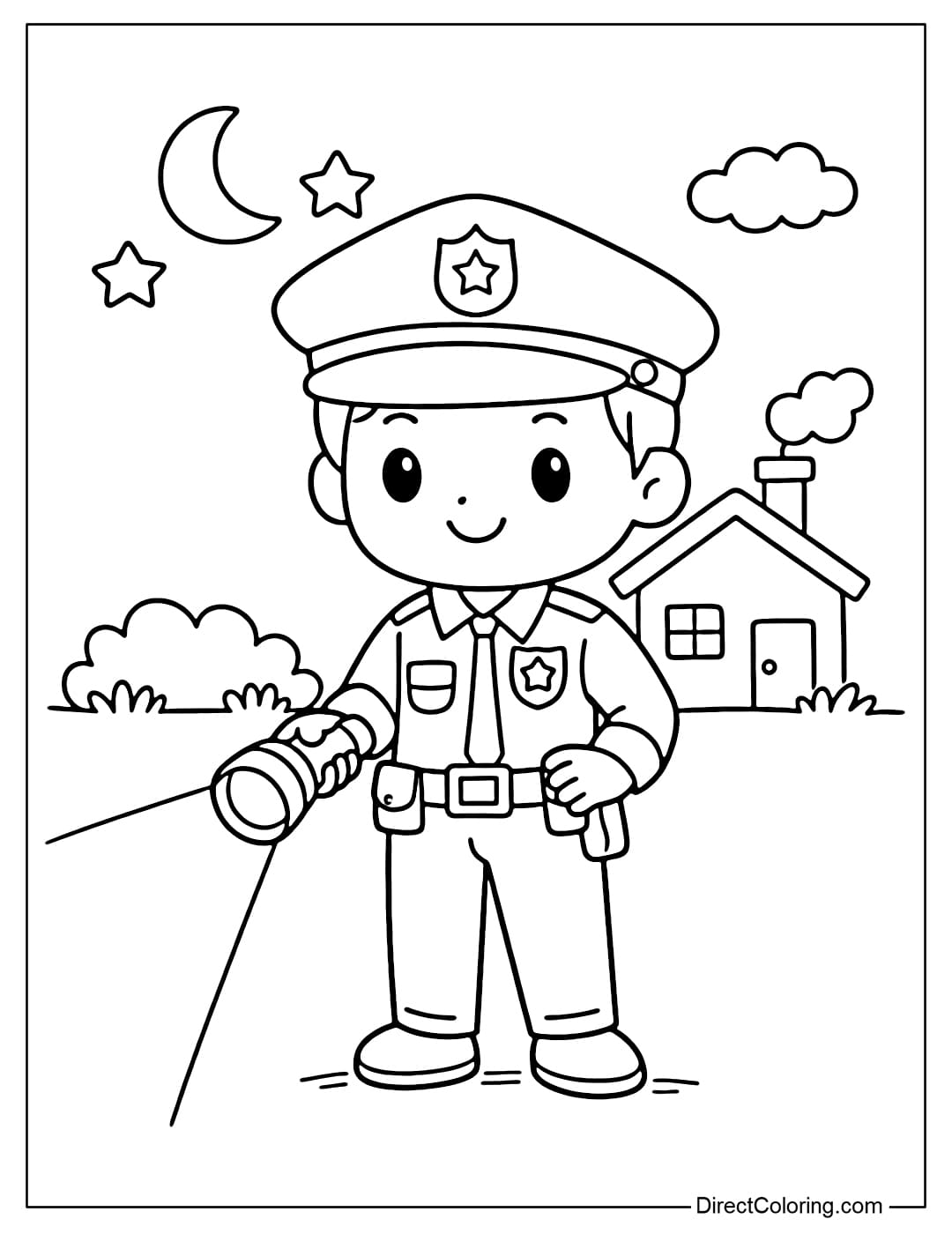Coloring page of a police officer using a flashlight at night, a simple scene.