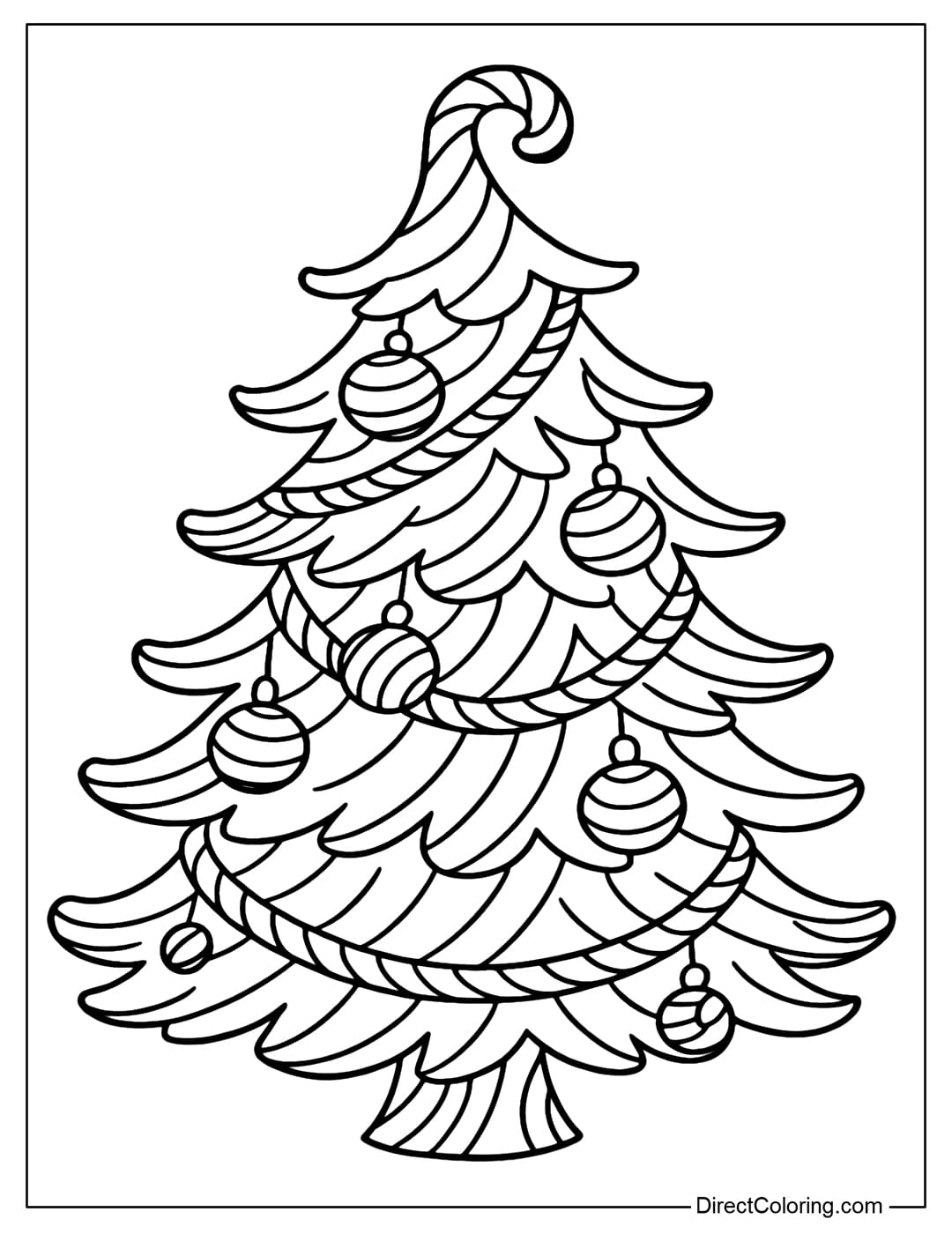 A coloring page of a Christmas tree with branches bent like twisted candy, hanging with candy balls, striped candy strings.