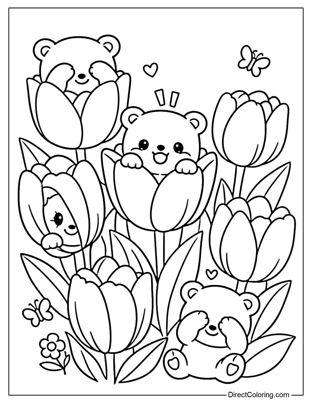 Coloring page of little bears playing hide-and-seek among tulips.