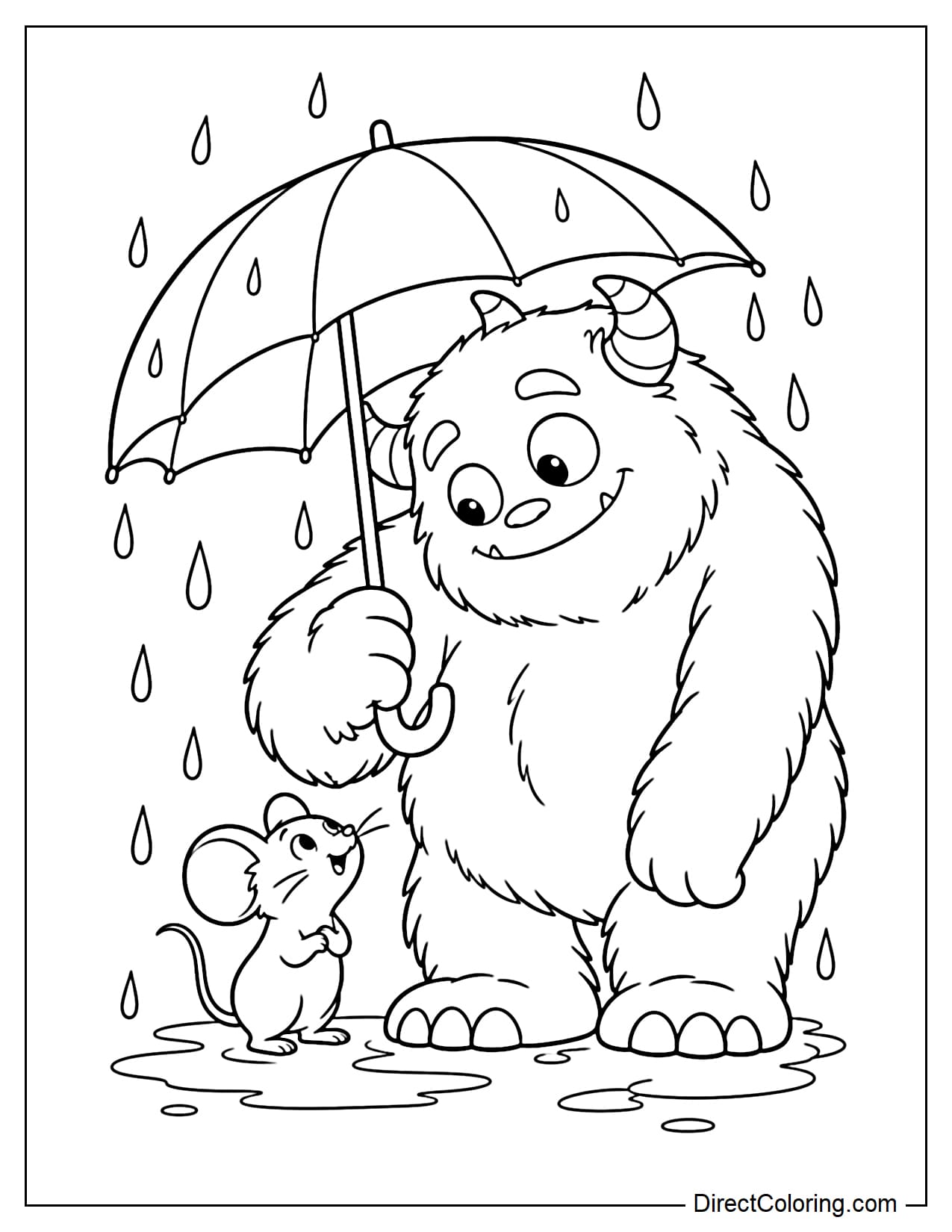 A large monster holds an umbrella over a tiny mouse standing close beside its feet.