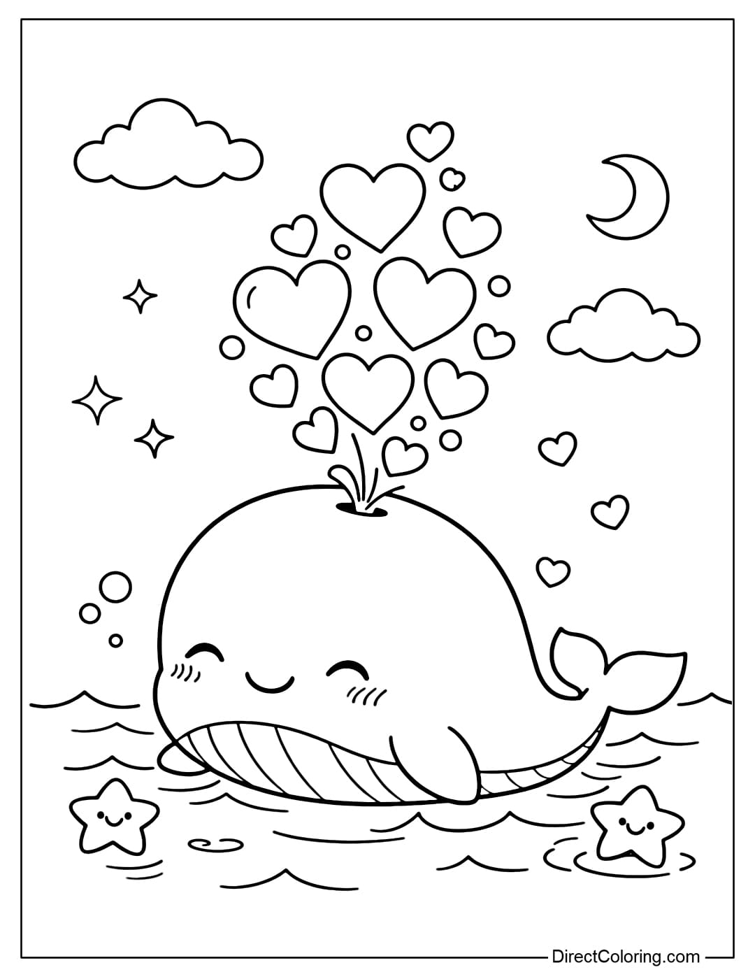 A coloring page of a chibi whale blowing heart-shaped bubbles, dreamy and sweet.