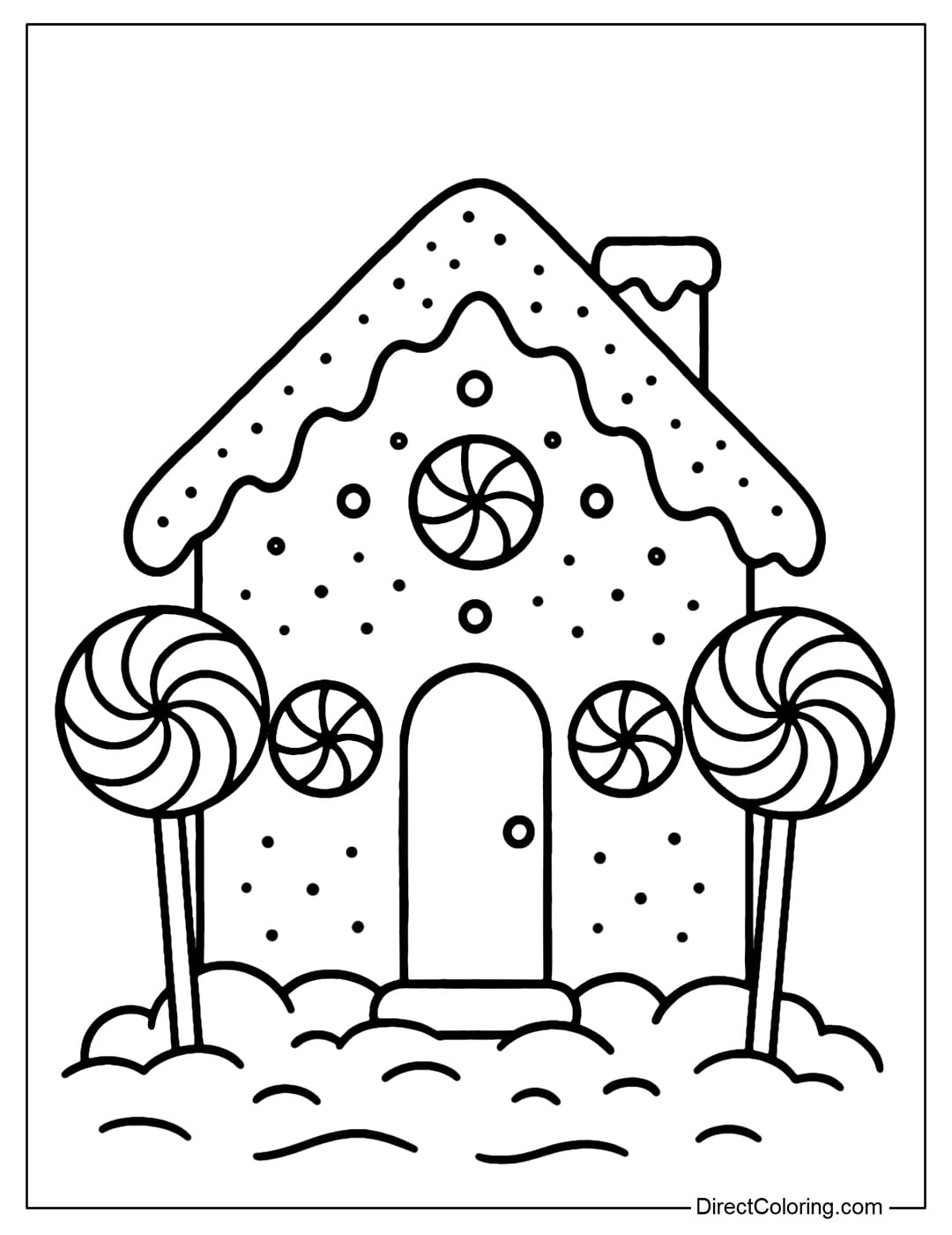 A gingerbread house coloring page with a white icing roof, peppermint candy windows, and two large lollipops on either side.