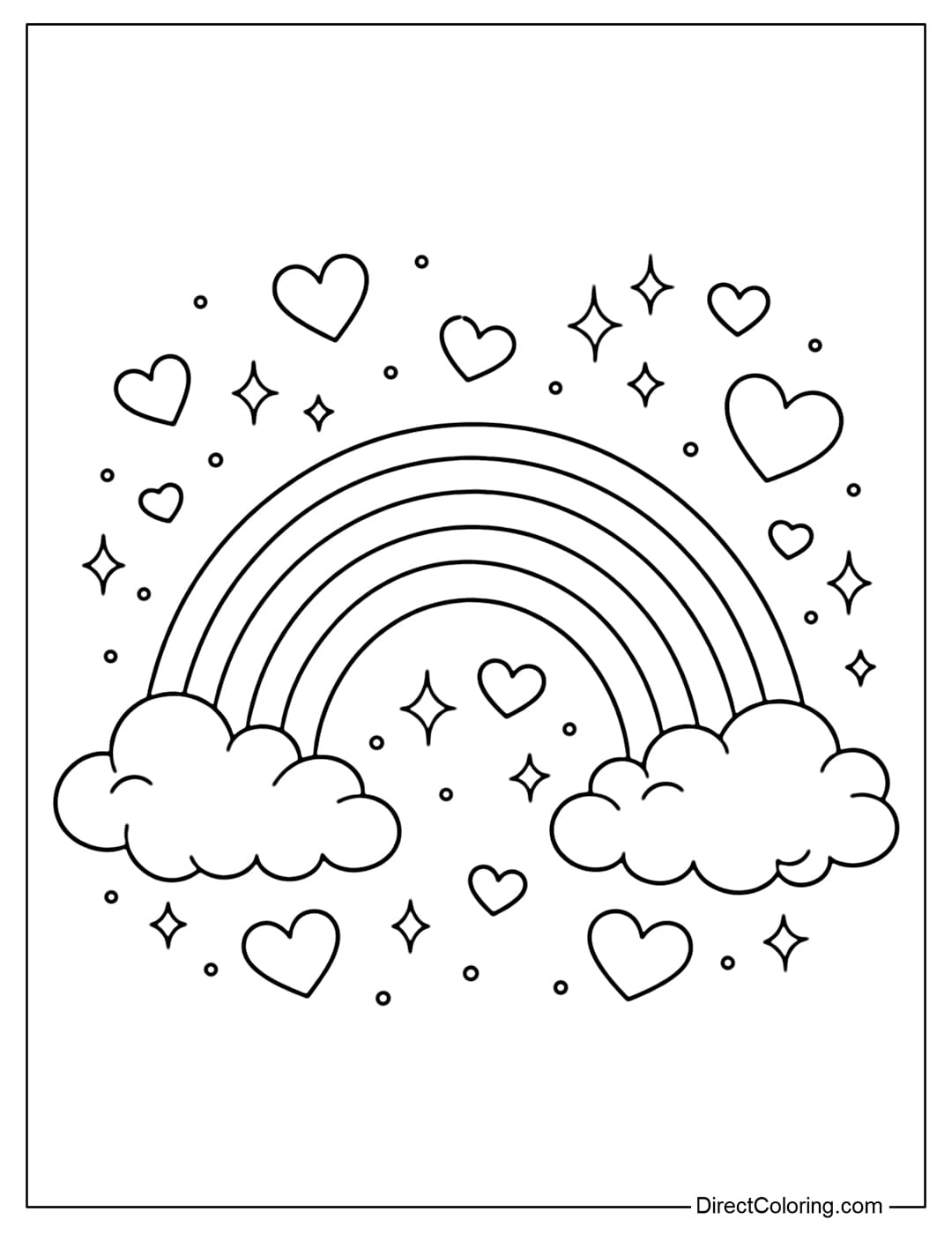 A large rainbow coloring page with two ends touching soft clouds, surrounded by floating hearts and sparkling particles.