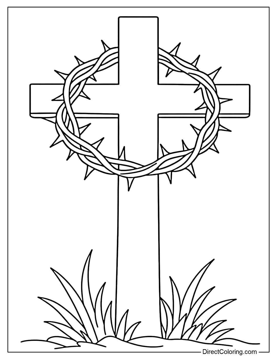 Coloring page of a large cross with a ring of thorns.