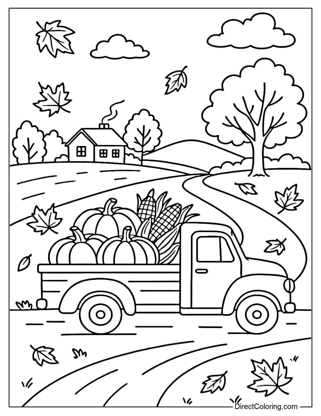 A small truck loaded with pumpkins and corn, driving on a country road with a few autumn leaves falling around the truck.