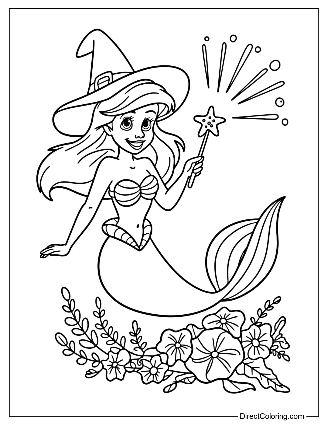 Coloring page of Ariel wearing a witch hat, holding a starfish-shaped wand.