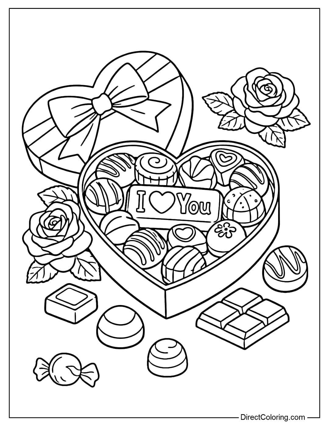 Coloring page of an open heart-shaped chocolate gift box, with many chocolates inside and a few scattered chocolates and roses on the outside.