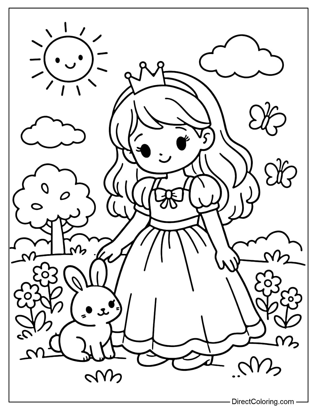 A coloring page featuring a princess standing next to a little bunny in a simple garden.