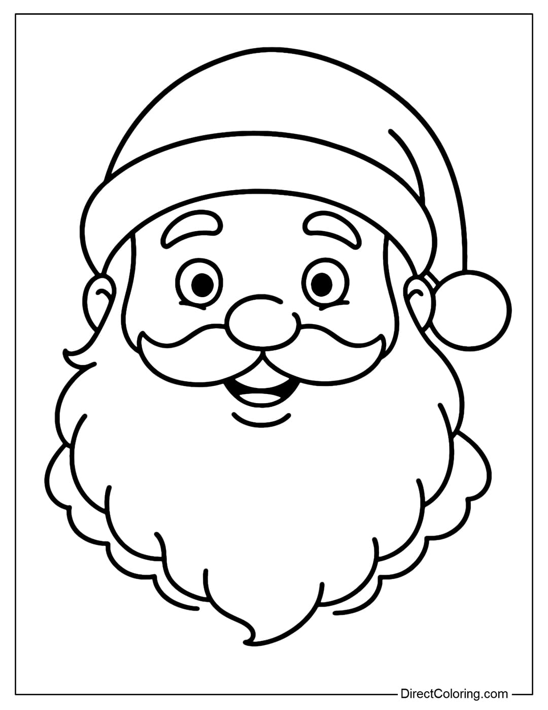 Santa Face Coloring Page Santa Claus face coloring page, warm expression with gentle round eyes, naturally curly white beard.