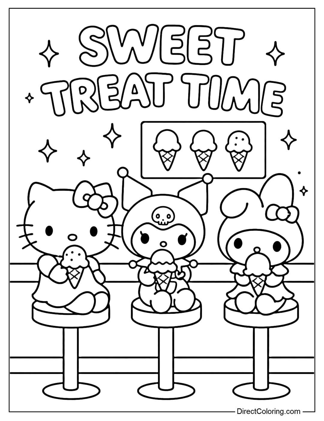 A coloring page featuring Sanrio characters including Hello Kitty, My Melody, and Kuromi sitting on high chairs enjoying cool ice cream.