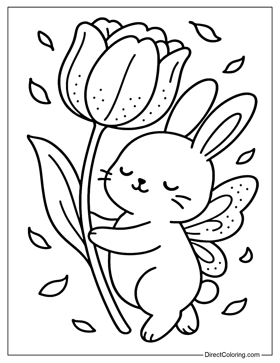 A cute white rabbit coloring page with thin, sparkling fairy wings, holding a giant tulip like an umbrella, surrounded by flower petals flying in the wind.