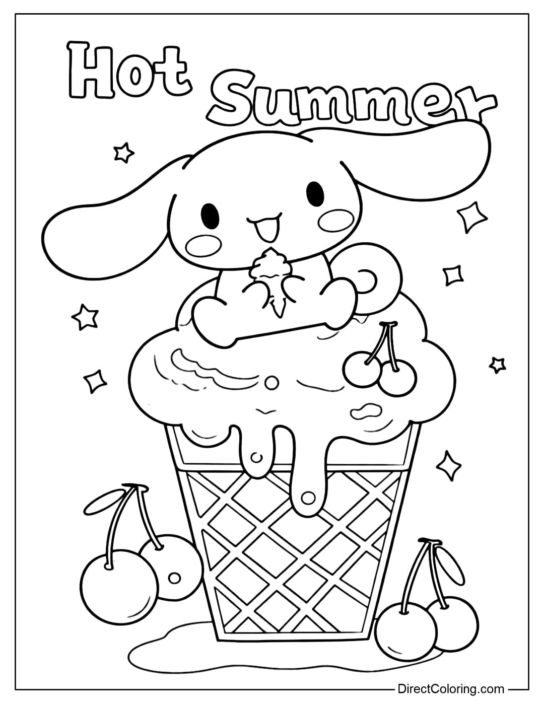 A Cinnamoroll coloring page sitting on a melting ice cream cone, with the words 