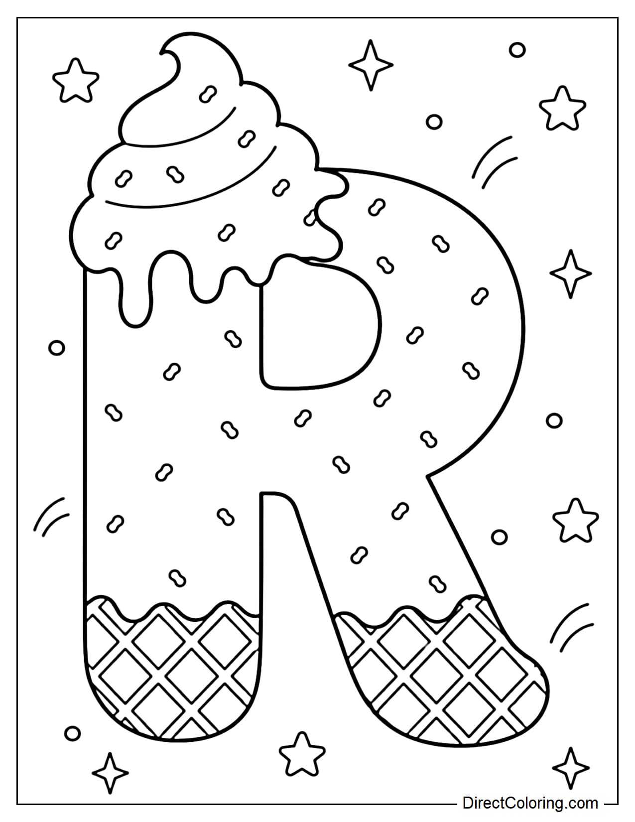 A large uppercase letter R made from soft serve ice cream, with a light, melting cream topping. The entire letter is sprinkled with tiny sprinkles, and the base has a waffle texture. It is surrounded by small stars and dots.