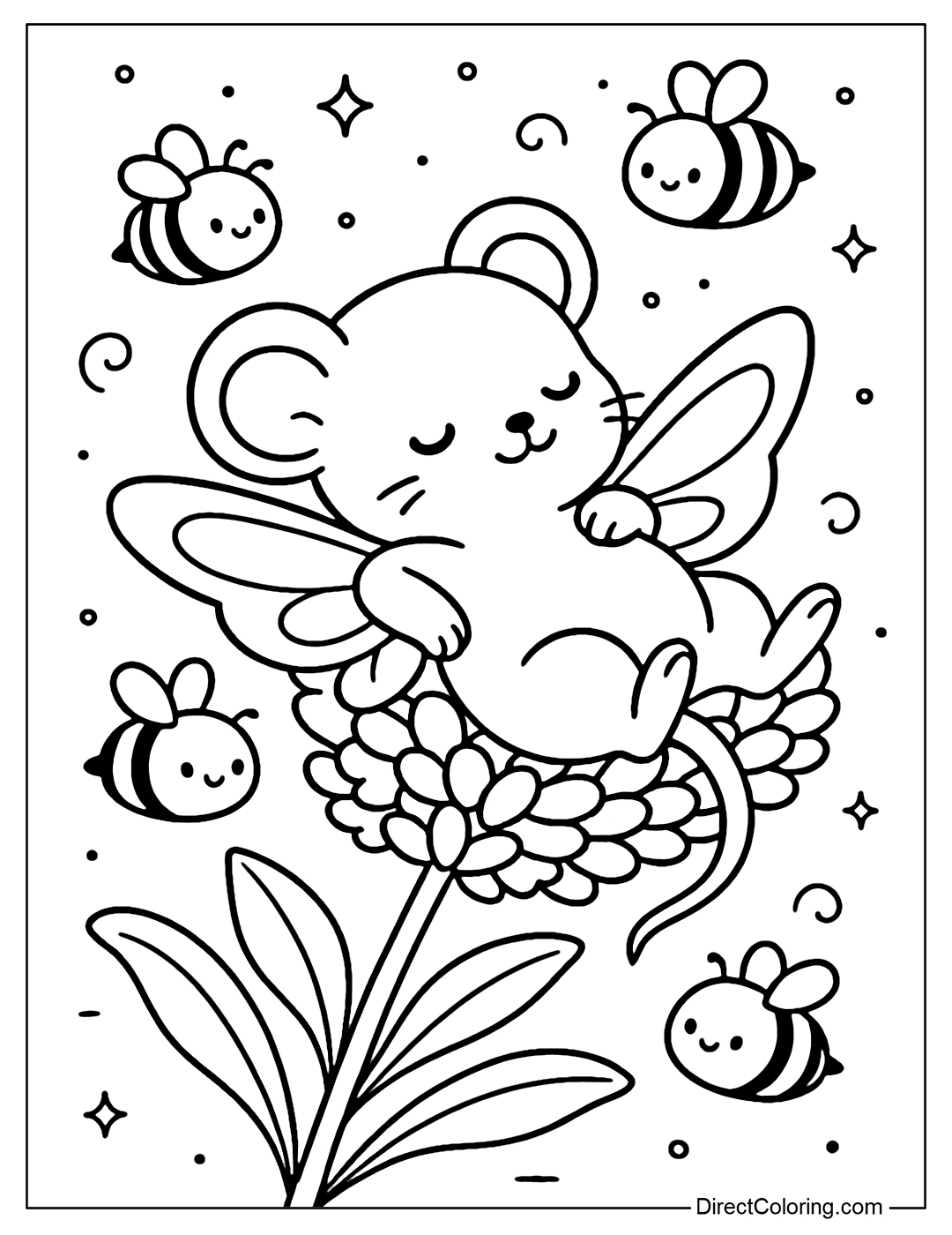 A little mouse coloring page with fairy wings, relaxing on a big lavender flower, surrounded by friendly bees.