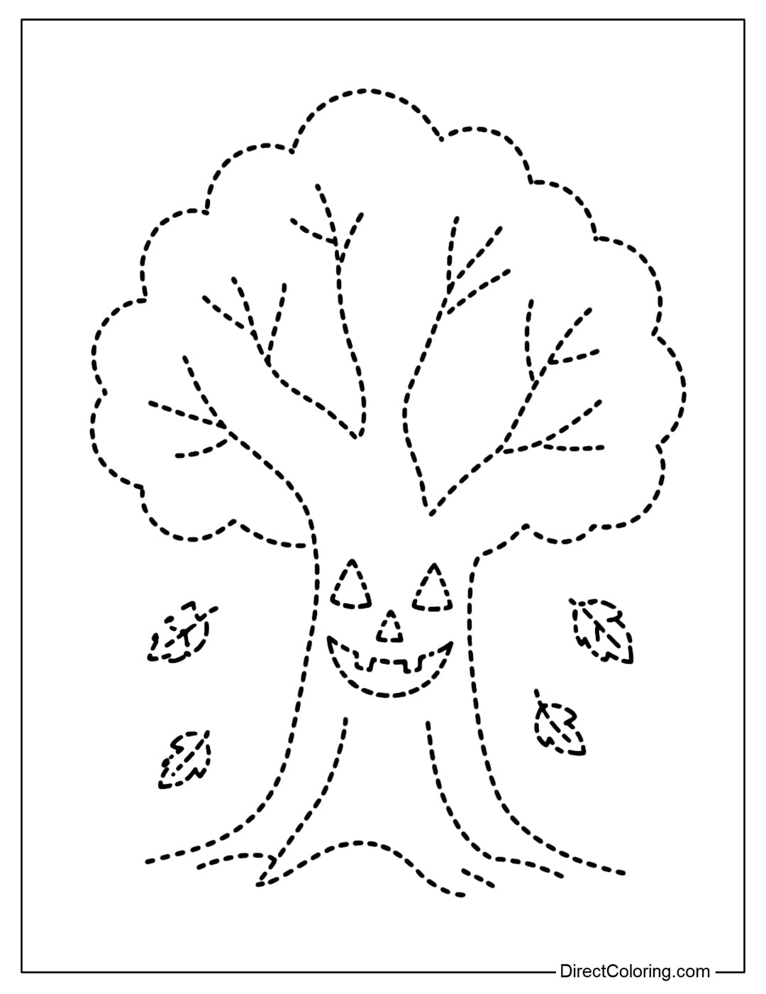 Halloween tree tracing coloring page with a mischievous smiley face and a few falling leaves.
